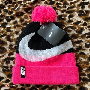 Brand New Nike Girls Youth Knit Pom Hat Black Pink White Swoosh Sporty Athletic